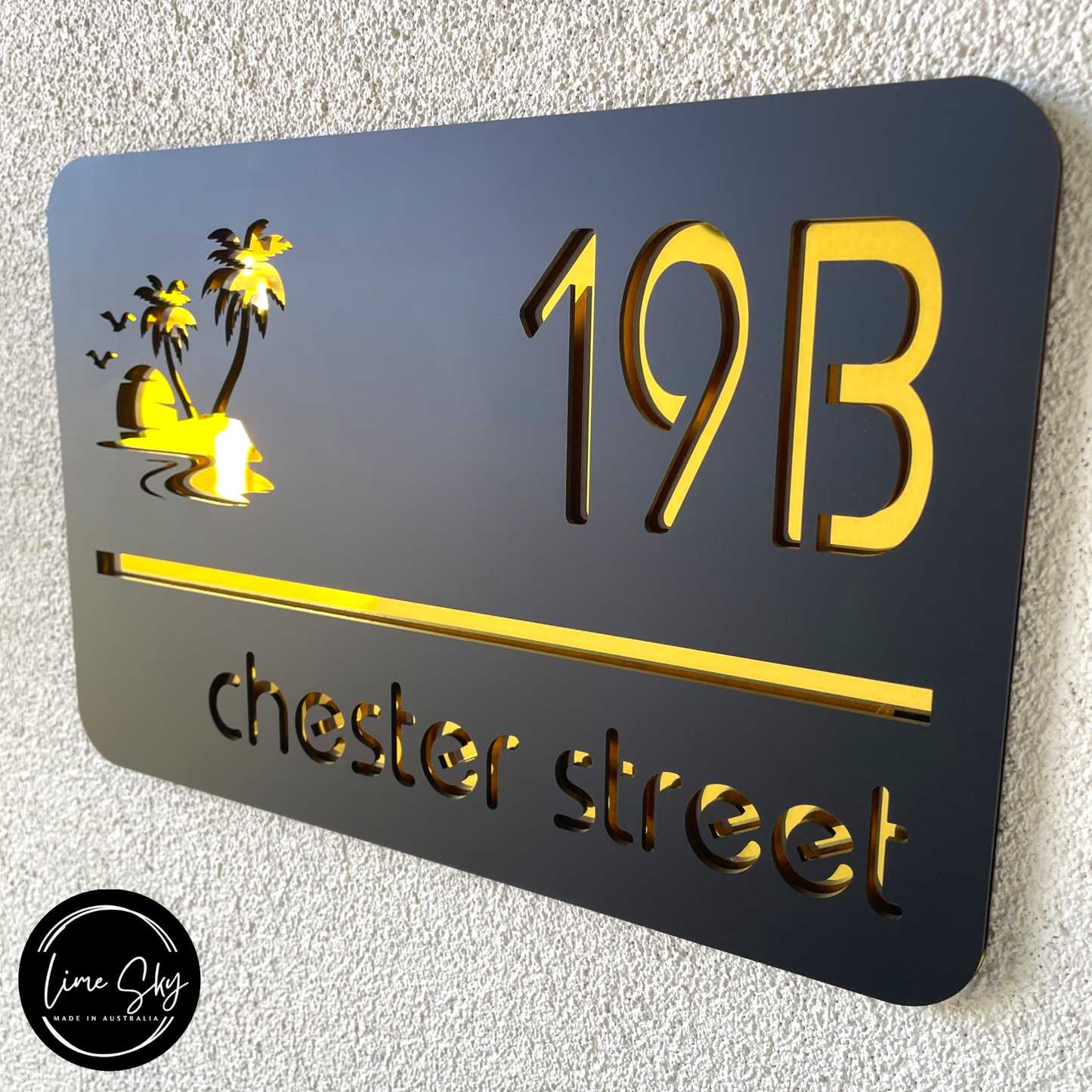 Modern House Entry Sign with Palm Tree In Rectangle Shape