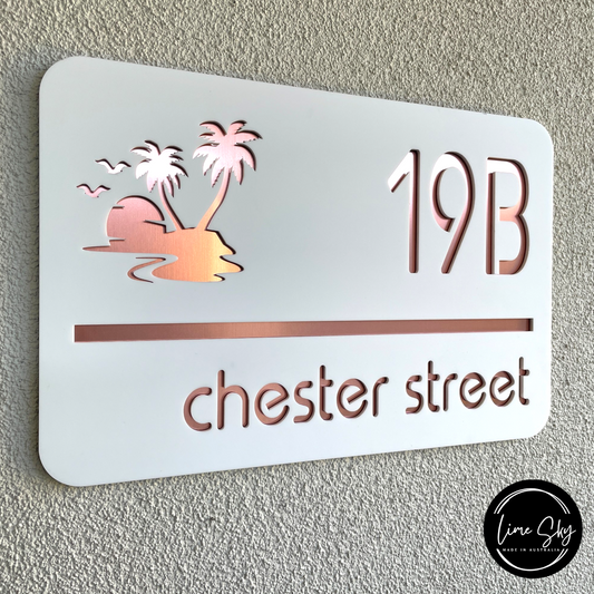 Modern House Entry Sign with Palm Tree In Rectangle Shape