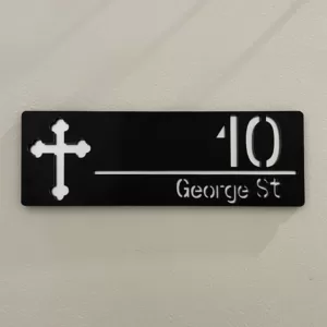 Modern Custom House Plate - Street Number & Street Name - Cross - Wide Range